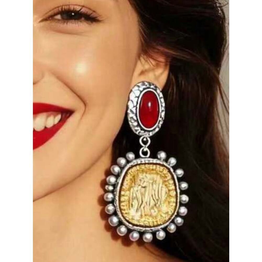 Stainless Steel Gold Coin Statement Earrings Red Gem Pearl Luxe Drop